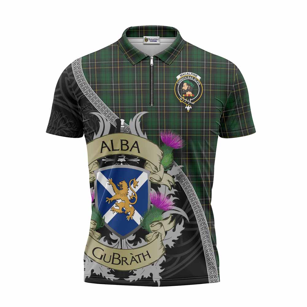 Tartan Vibes Clothing MacAlpine (MacAlpin) Tartan Family Crest Zipper Polo Shirt Lion Rampant Royal Thistle Shield Celtic Inspired