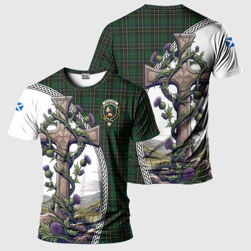 Tartan Vibes Clothing MacAlpine (MacAlpin) Agnew Tartan T-Shirt with Family Crest and St. Andrew's Cross Accented by Thistle Vines