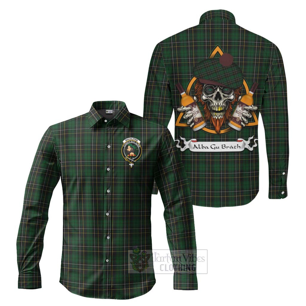 Tartan Vibes Clothing MacAlpine (MacAlpin) Tartan Long Sleeve Button Shirt with Family Crest and Bearded Skull Holding Bottles of Whiskey