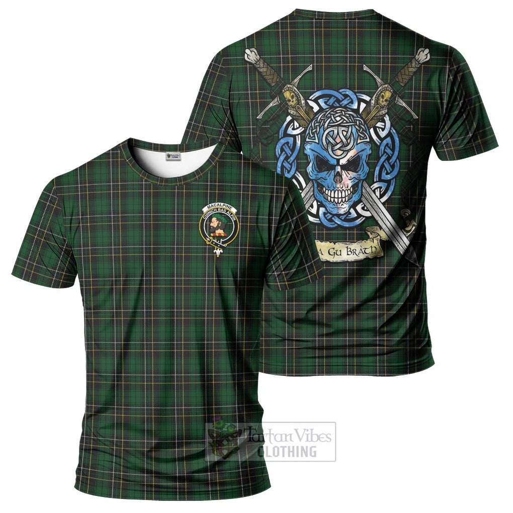 Tartan Vibes Clothing MacAlpine (MacAlpin) Tartan T-Shirt with Family Crest Celtic Skull Style