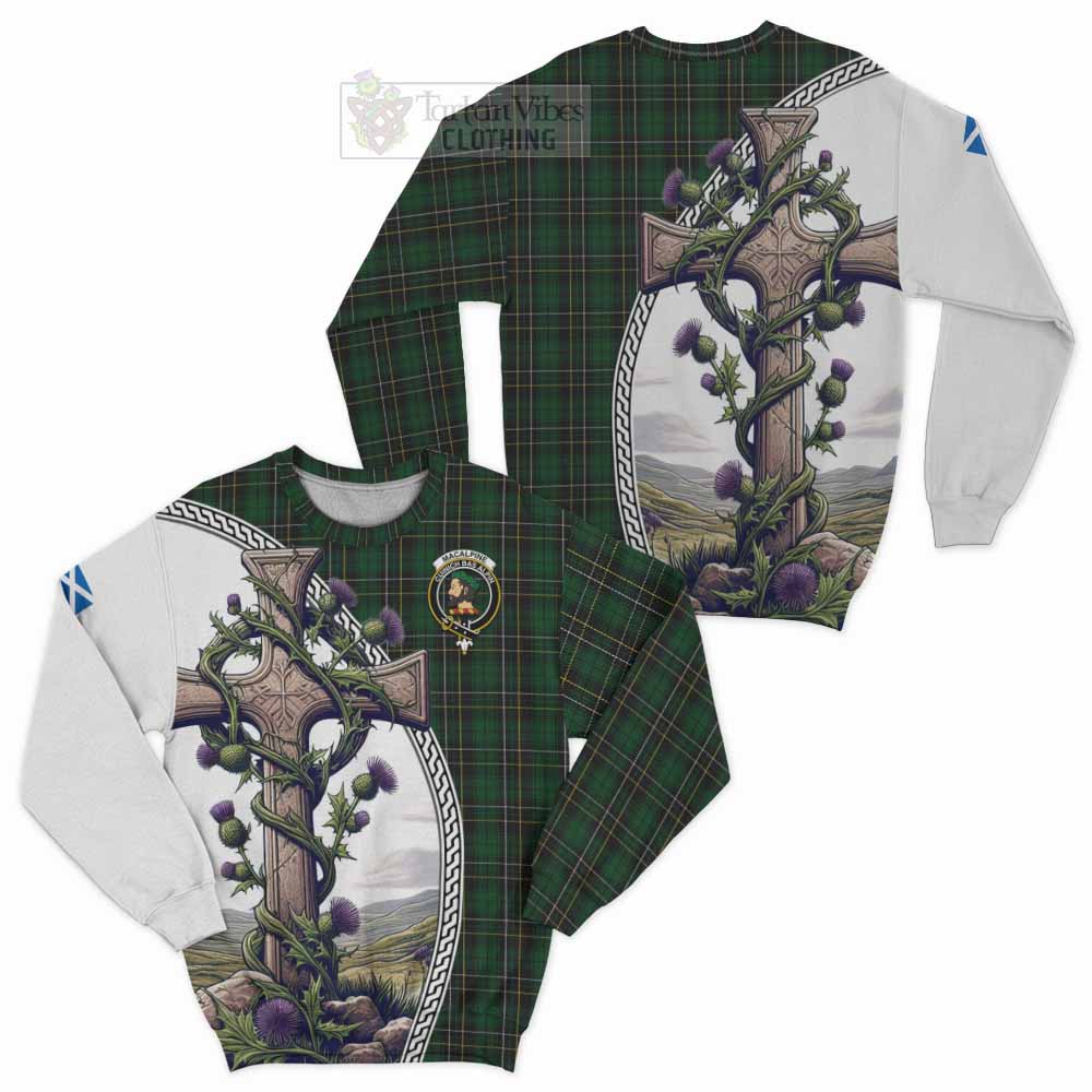 MacAlpine (MacAlpin) Tartan Sweatshirt with Family Crest and St. Andrew's Cross Accented by Thistle Vines Unisex - Tartan Vibes Clothing
