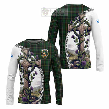 Tartan Vibes Clothing MacAlpine (MacAlpin) Tartan Long Sleeve T-Shirt with Family Crest and St. Andrew's Cross Accented by Thistle Vines