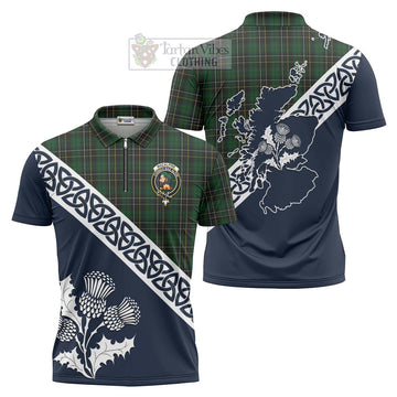 Tartan Vibes Clothing MacAlpine (MacAlpin) Tartan Zipper Polo Shirt Featuring Thistle and Scotland Map