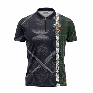 Tartan Vibes Clothing MacAlpine (MacAlpin) Tartan Zipper Polo Shirt with Family Crest Cross Sword Thistle Celtic Vibes