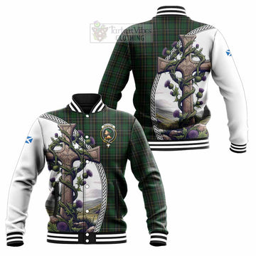 MacAlpine (MacAlpin) Tartan Baseball Jacket with Family Crest and St. Andrew's Cross Accented by Thistle Vines Unisex - Tartan Vibes Clothing
