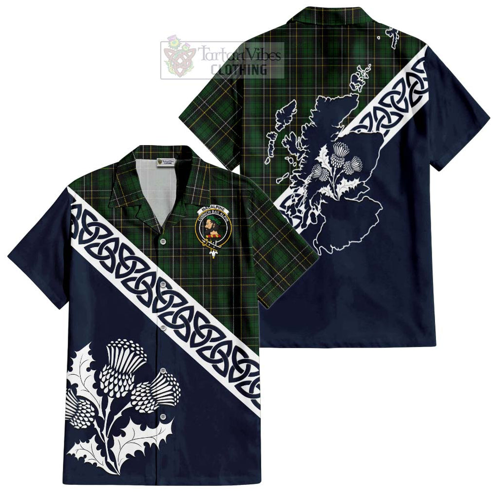 Tartan Vibes Clothing MacAlpine (MacAlpin) Tartan Short Sleeve Button Shirt Featuring Thistle and Scotland Map