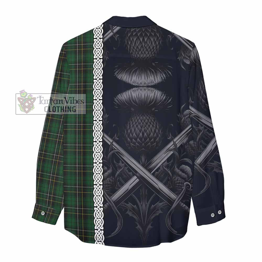 Tartan Vibes Clothing MacAlpine (MacAlpin) Tartan Women's Casual Shirt with Family Crest Cross Sword Thistle Celtic Vibes