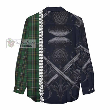 Tartan Vibes Clothing MacAlpine (MacAlpin) Tartan Women's Casual Shirt with Family Crest Cross Sword Thistle Celtic Vibes