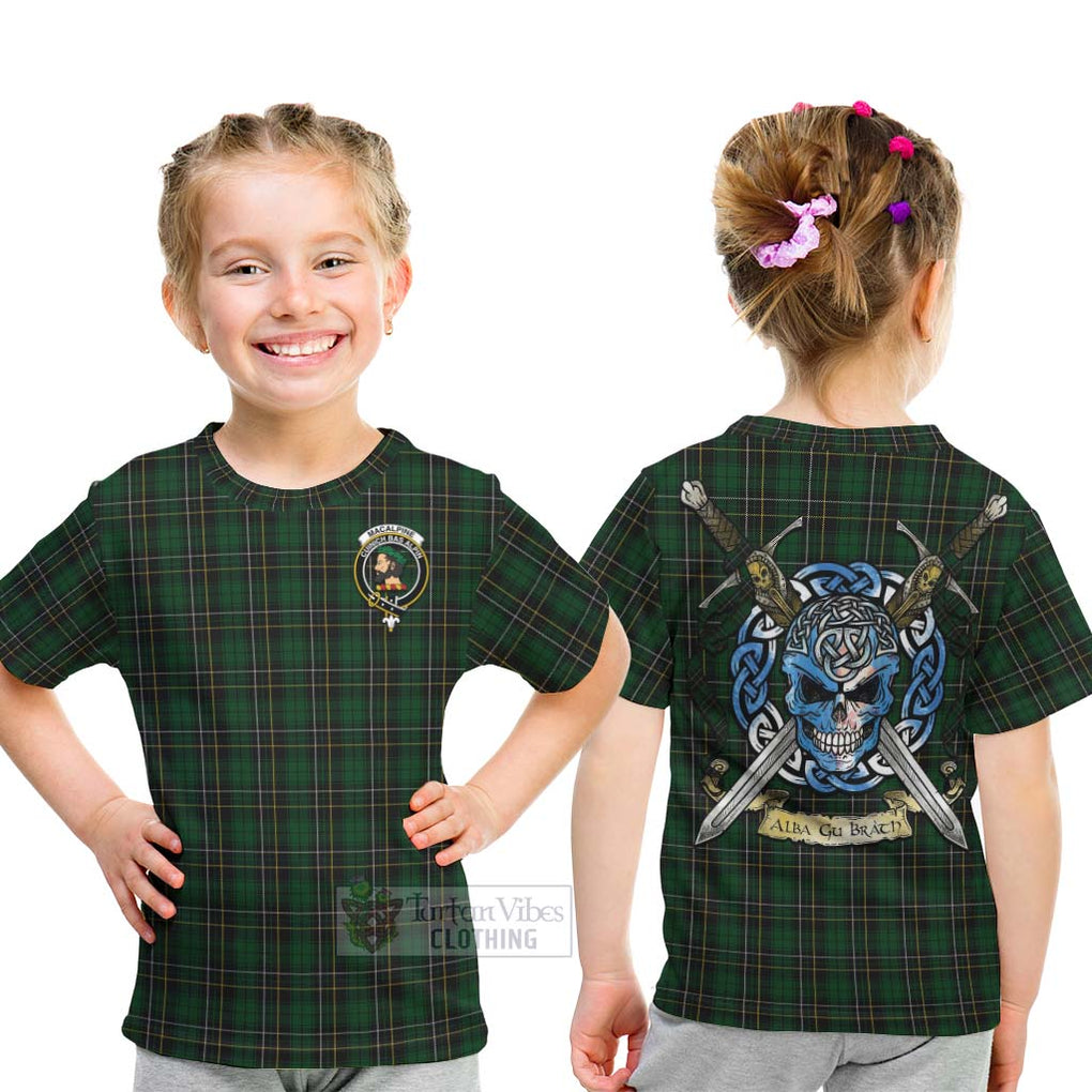 Tartan Vibes Clothing MacAlpine (MacAlpin) Tartan Kid T-Shirt with Family Crest Celtic Skull Style