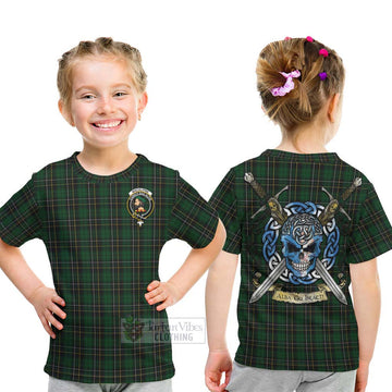 Tartan Vibes Clothing MacAlpine (MacAlpin) Tartan Kid T-Shirt with Family Crest Celtic Skull Style