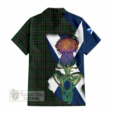 Tartan Vibes Clothing MacAlpine (MacAlpin) Tartan Family Crest Short Sleeve Button Shirt Scottish Thistle Celtic Inspired