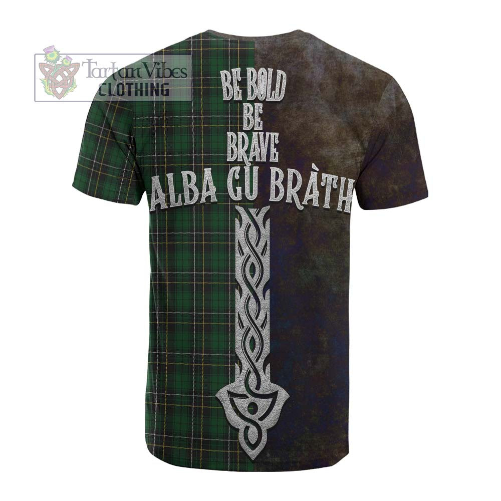 Tartan Vibes Clothing MacAlpine (MacAlpin) Tartan Family Crest Cotton T-shirt Alba Gu Brath Be Brave Lion Ancient Style