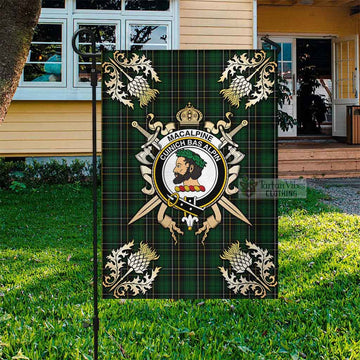 MacAlpine (MacAlpin) Tartan Garden Flag with Family Crest and Golden Thistle Crossed Sword Design