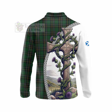 Tartan Vibes Clothing MacAlpine (MacAlpin) Tartan Long Sleeve Polo Shirt with Family Crest and St. Andrew's Cross Accented by Thistle Vines