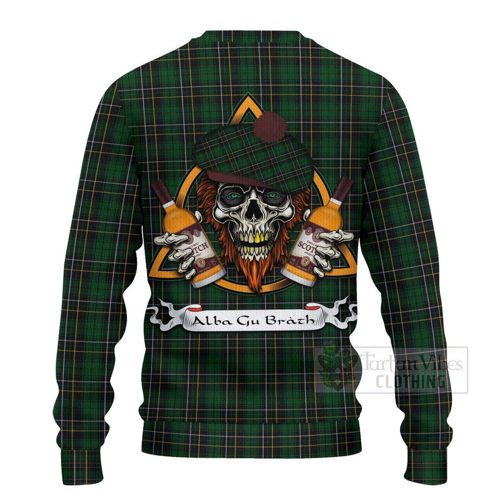 Tartan Vibes Clothing MacAlpine (MacAlpin) Tartan Knitted Sweater with Family Crest and Bearded Skull Holding Bottles of Whiskey