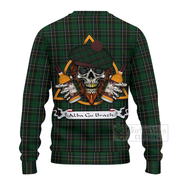 Tartan Vibes Clothing MacAlpine (MacAlpin) Tartan Knitted Sweater with Family Crest and Bearded Skull Holding Bottles of Whiskey