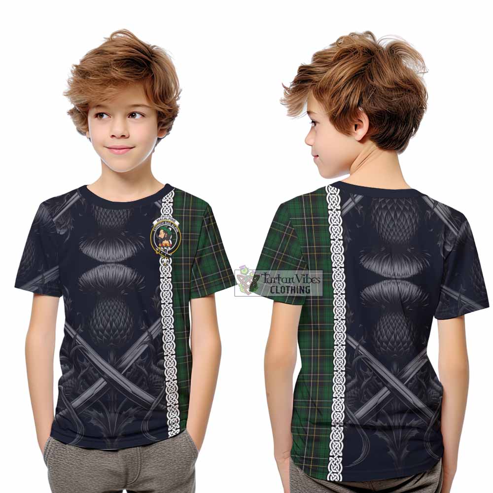 Tartan Vibes Clothing MacAlpine (MacAlpin) Tartan Kid T-Shirt with Family Crest Cross Sword Thistle Celtic Vibes
