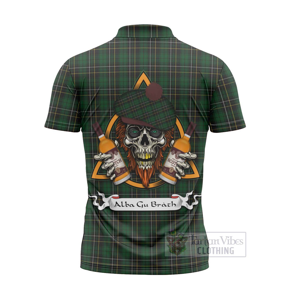 Tartan Vibes Clothing MacAlpine (MacAlpin) Tartan Zipper Polo Shirt with Family Crest and Bearded Skull Holding Bottles of Whiskey
