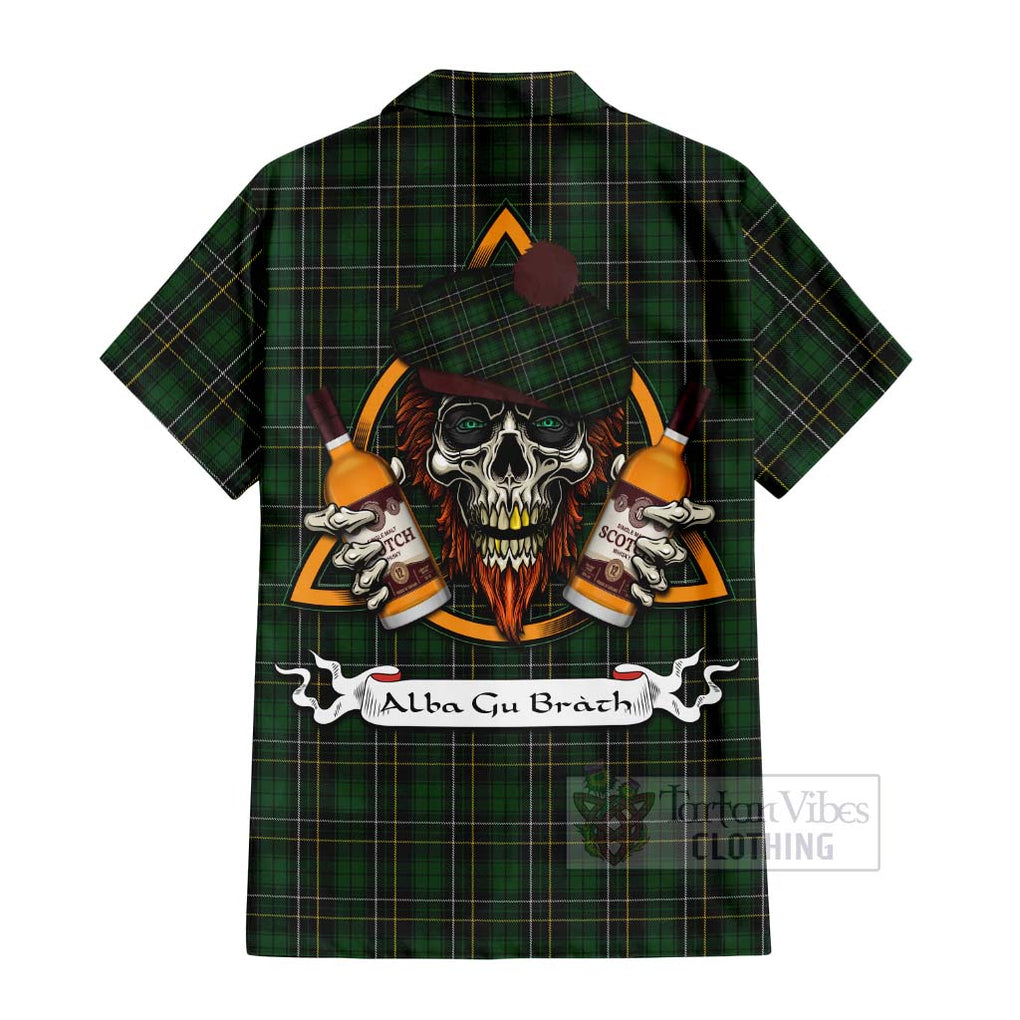 Tartan Vibes Clothing MacAlpine (MacAlpin) Tartan Short Sleeve Button Shirt with Family Crest and Bearded Skull Holding Bottles of Whiskey