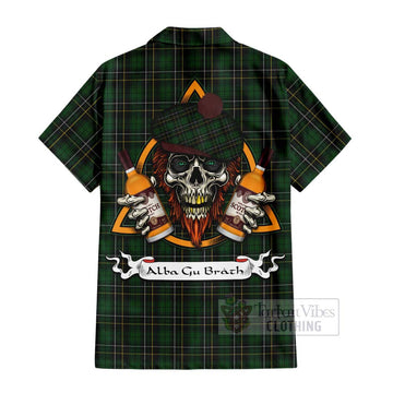 Tartan Vibes Clothing MacAlpine (MacAlpin) Tartan Short Sleeve Button Shirt with Family Crest and Bearded Skull Holding Bottles of Whiskey