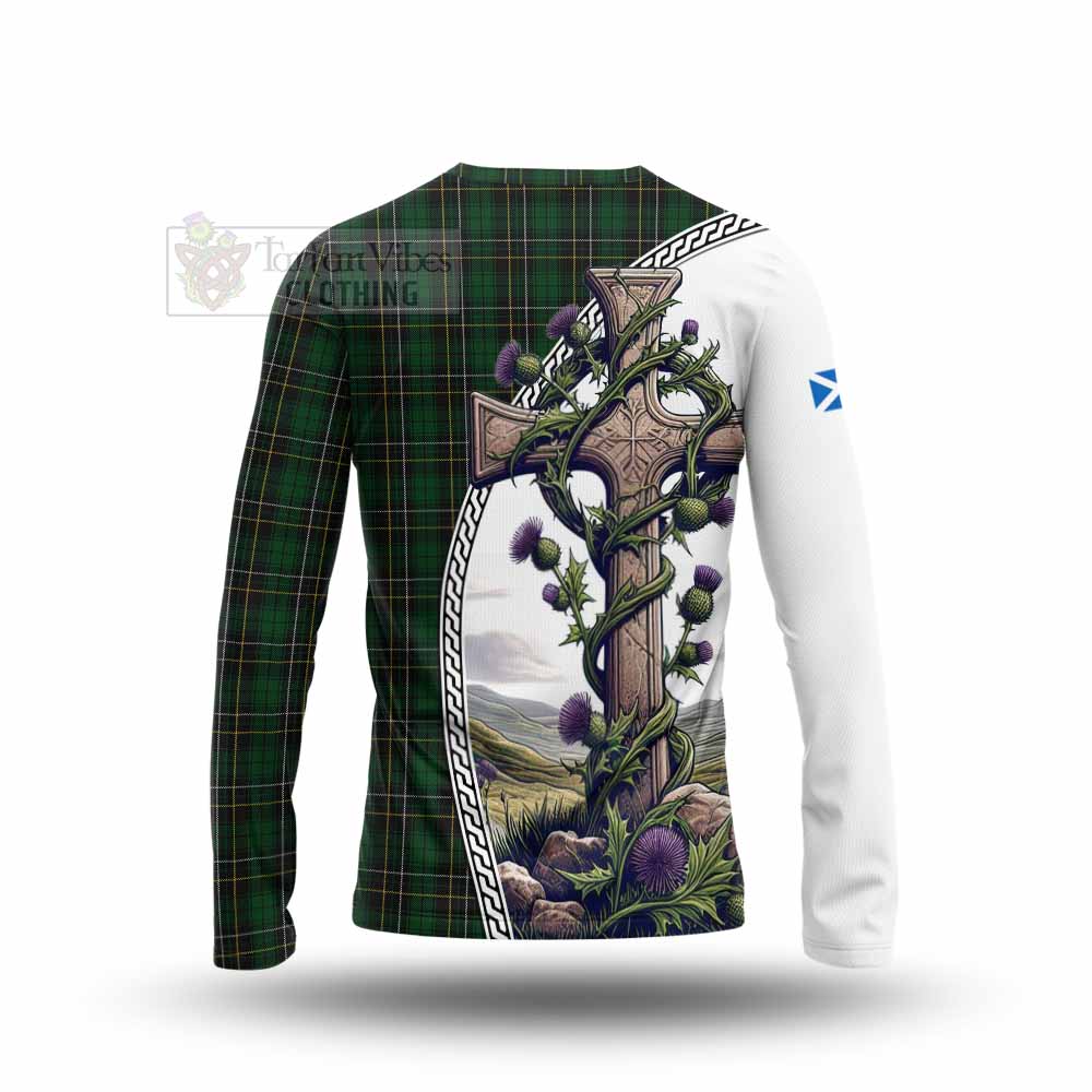 Tartan Vibes Clothing MacAlpine (MacAlpin) Tartan Long Sleeve T-Shirt with Family Crest and St. Andrew's Cross Accented by Thistle Vines