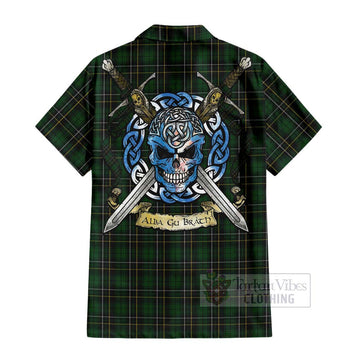 Tartan Vibes Clothing MacAlpine (MacAlpin) Tartan Short Sleeve Button Shirt with Family Crest Celtic Skull Style