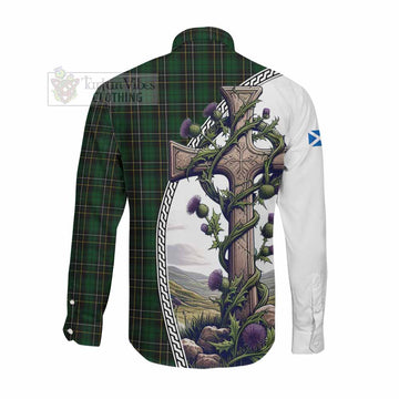 Tartan Vibes Clothing MacAlpine (MacAlpin) Tartan Long Sleeve Button Shirt with Family Crest and St. Andrew's Cross Accented by Thistle Vines