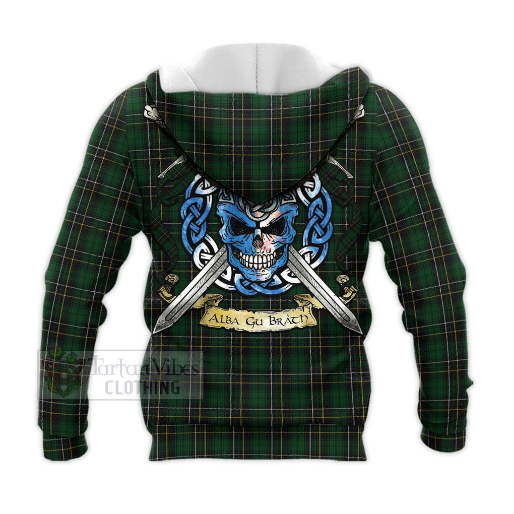 Tartan Vibes Clothing MacAlpine (MacAlpin) Tartan Knitted Hoodie with Family Crest Celtic Skull Style