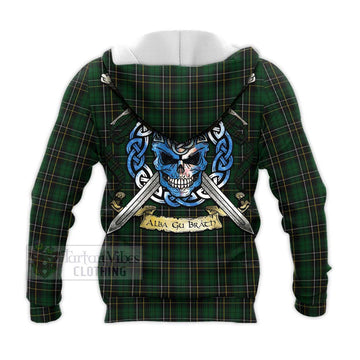 Tartan Vibes Clothing MacAlpine (MacAlpin) Tartan Knitted Hoodie with Family Crest Celtic Skull Style