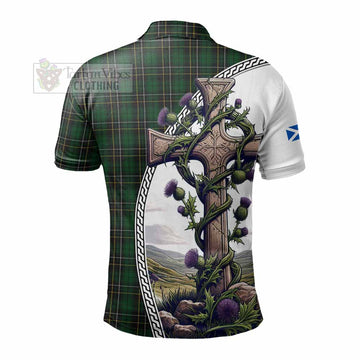 Tartan Vibes Clothing MacAlpine (MacAlpin) Tartan Polo Shirt with Family Crest and St. Andrew's Cross Accented by Thistle Vines