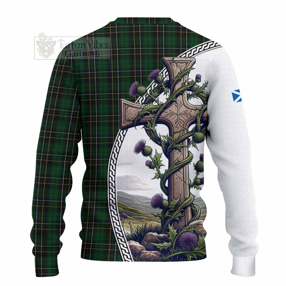 Tartan Vibes Clothing MacAlpine (MacAlpin) Tartan Knitted Sweater with Family Crest and St. Andrew's Cross Accented by Thistle Vines