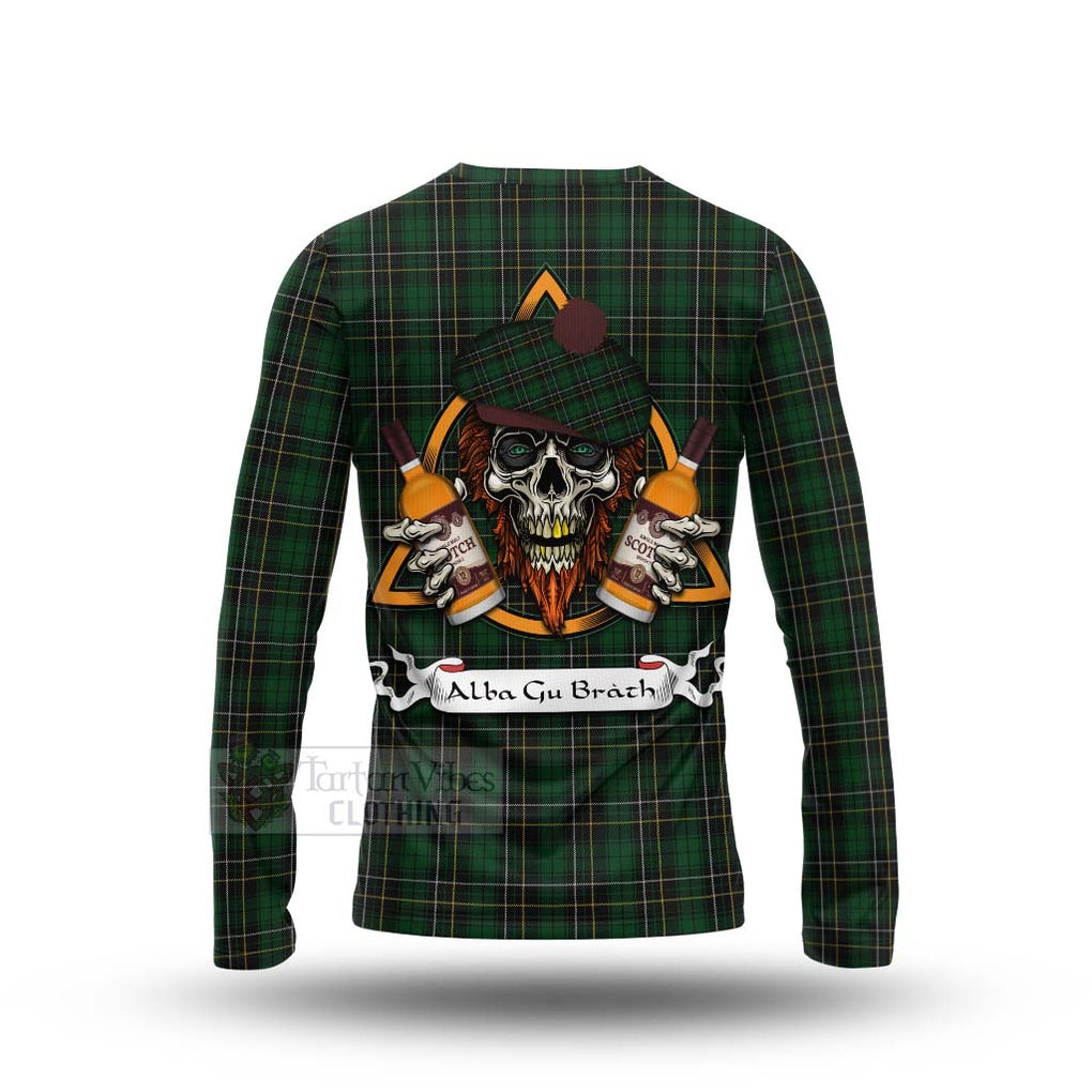 Tartan Vibes Clothing MacAlpine (MacAlpin) Tartan Long Sleeve T-Shirt with Family Crest and Bearded Skull Holding Bottles of Whiskey