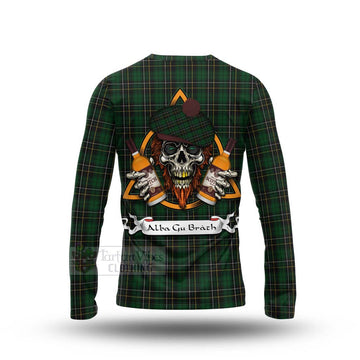 Tartan Vibes Clothing MacAlpine (MacAlpin) Tartan Long Sleeve T-Shirt with Family Crest and Bearded Skull Holding Bottles of Whiskey
