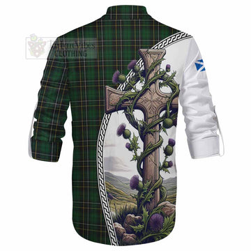 Tartan Vibes Clothing MacAlpine (MacAlpin) Tartan Ghillie Kilt Shirt with Family Crest and St. Andrew's Cross Accented by Thistle Vines