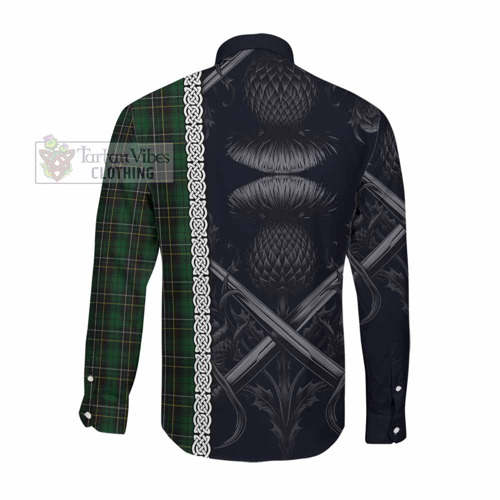 Tartan Vibes Clothing MacAlpine (MacAlpin) Tartan Long Sleeve Button Shirt with Family Crest Cross Sword Thistle Celtic Vibes