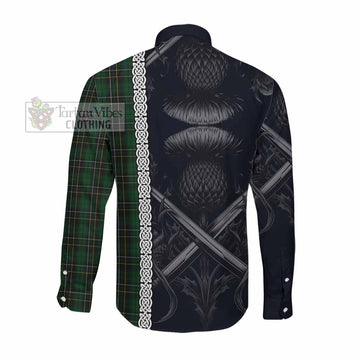 Tartan Vibes Clothing MacAlpine (MacAlpin) Tartan Long Sleeve Button Shirt with Family Crest Cross Sword Thistle Celtic Vibes