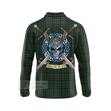 Tartan Vibes Clothing MacAlpine (MacAlpin) Tartan Long Sleeve Polo Shirt with Family Crest Celtic Skull Style