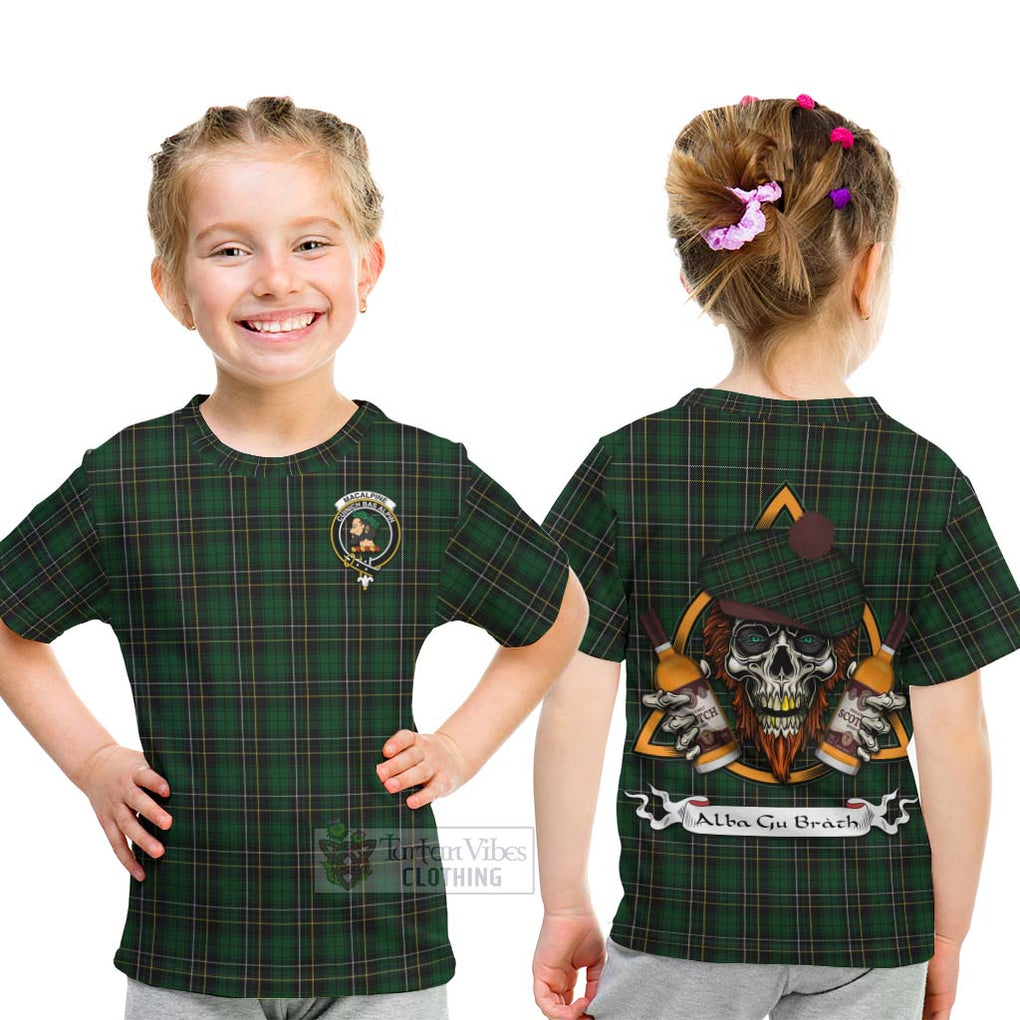 Tartan Vibes Clothing MacAlpine (MacAlpin) Tartan Kid T-Shirt with Family Crest and Bearded Skull Holding Bottles of Whiskey