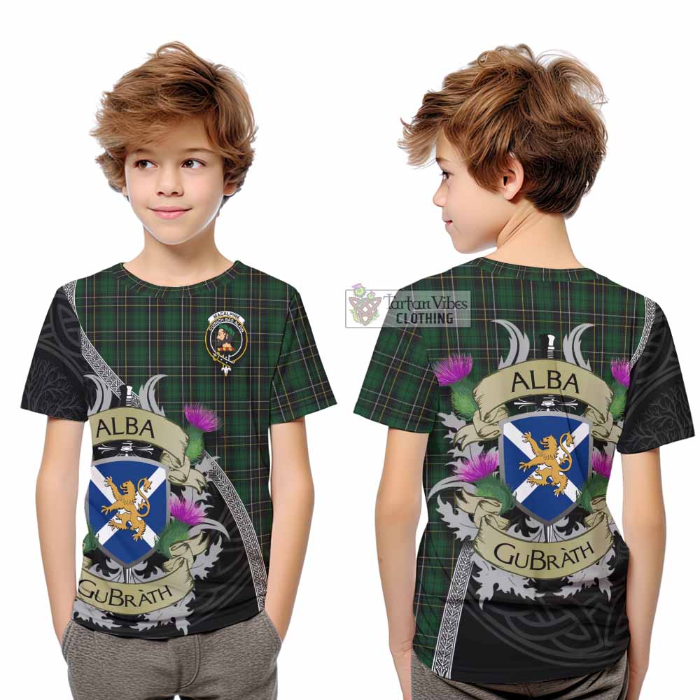 Tartan Vibes Clothing MacAlpine (MacAlpin) Tartan Family Crest Kid T-Shirt Lion Rampant Royal Thistle Shield Celtic Inspired