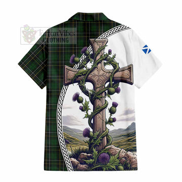 Tartan Vibes Clothing MacAlpine (MacAlpin) Tartan Short Sleeve Button Shirt with Family Crest and St. Andrew's Cross Accented by Thistle Vines