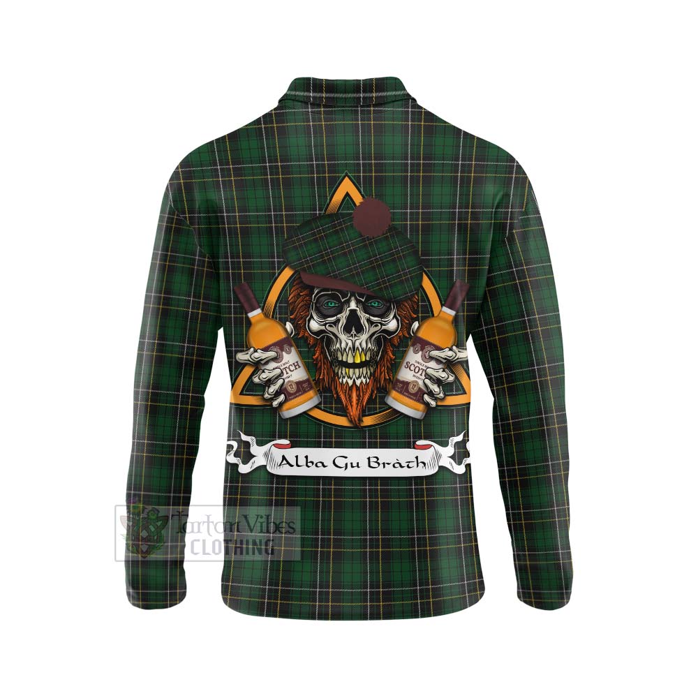 Tartan Vibes Clothing MacAlpine (MacAlpin) Tartan Long Sleeve Polo Shirt with Family Crest and Bearded Skull Holding Bottles of Whiskey