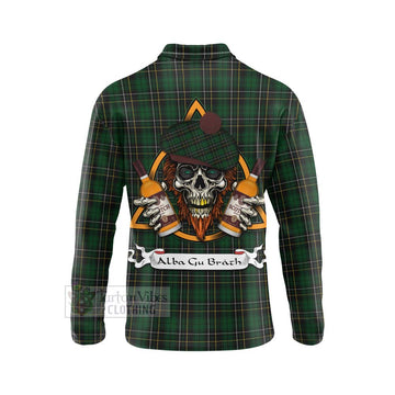Tartan Vibes Clothing MacAlpine (MacAlpin) Tartan Long Sleeve Polo Shirt with Family Crest and Bearded Skull Holding Bottles of Whiskey