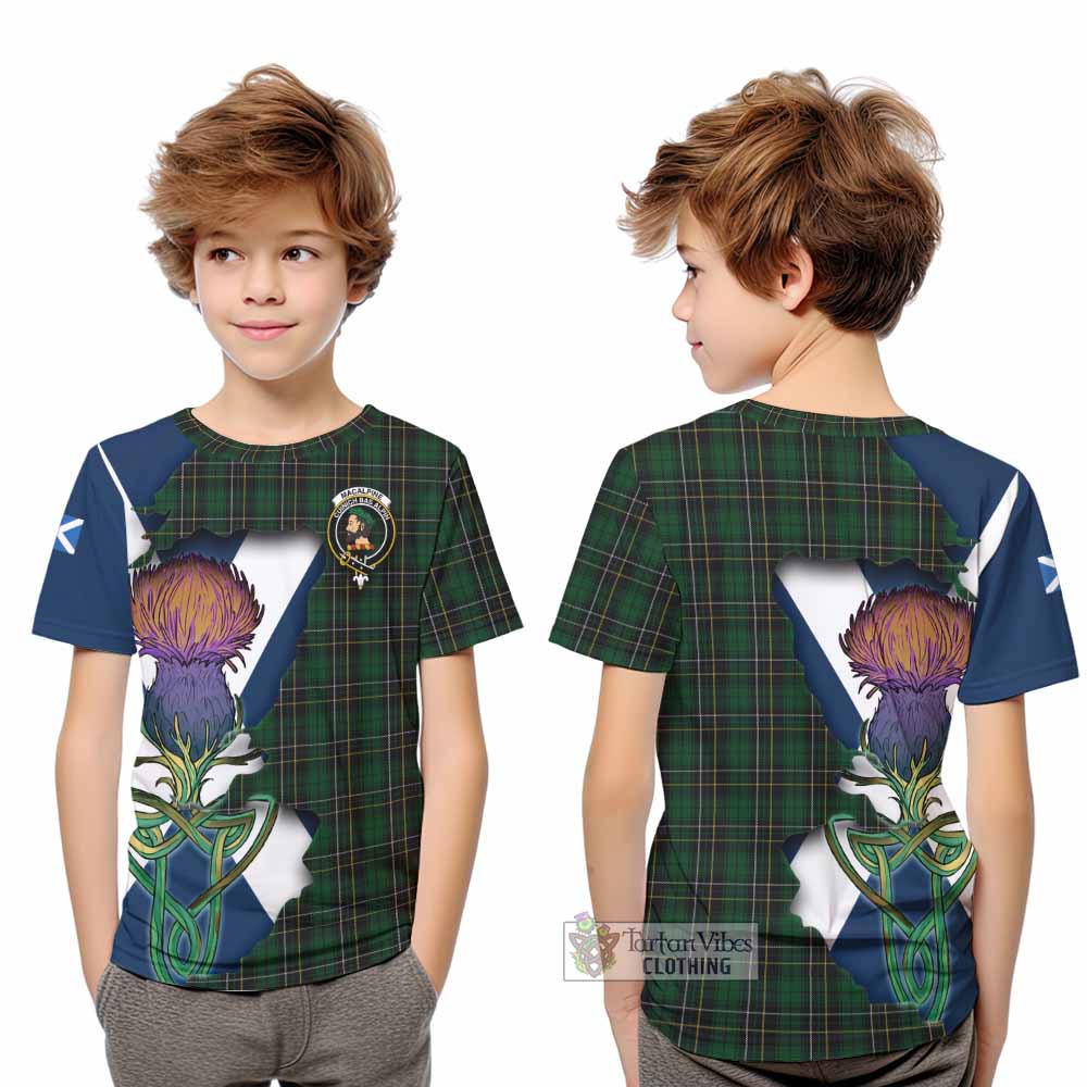 Tartan Vibes Clothing MacAlpine (MacAlpin) Tartan Family Crest Kid T-Shirt Scottish Thistle Celtic Inspired