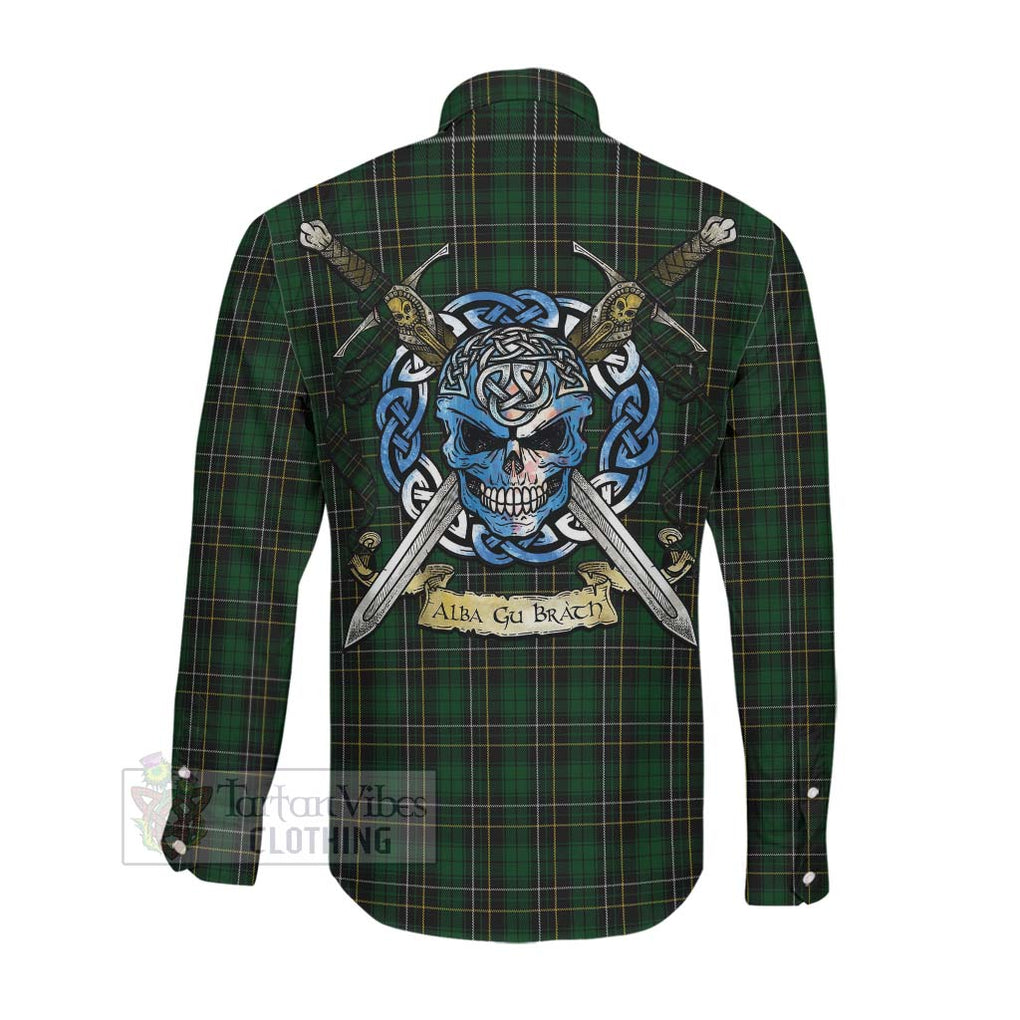 Tartan Vibes Clothing MacAlpine (MacAlpin) Tartan Long Sleeve Button Shirt with Family Crest Celtic Skull Style