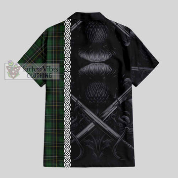 Tartan Vibes Clothing MacAlpine (MacAlpin) Tartan Short Sleeve Button Shirt with Family Crest Cross Sword Thistle Celtic Vibes