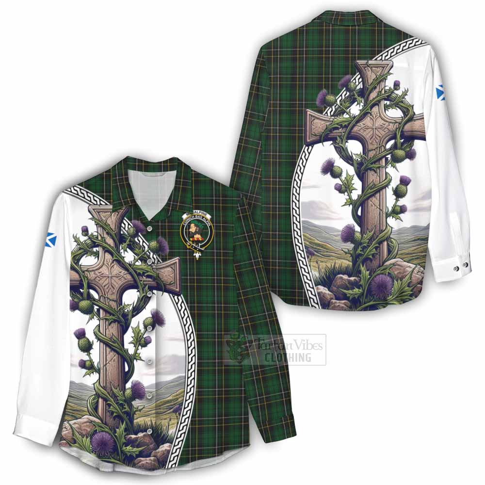 Tartan Vibes Clothing MacAlpine (MacAlpin) Tartan Women's Casual Shirt with Family Crest and St. Andrew's Cross Accented by Thistle Vines