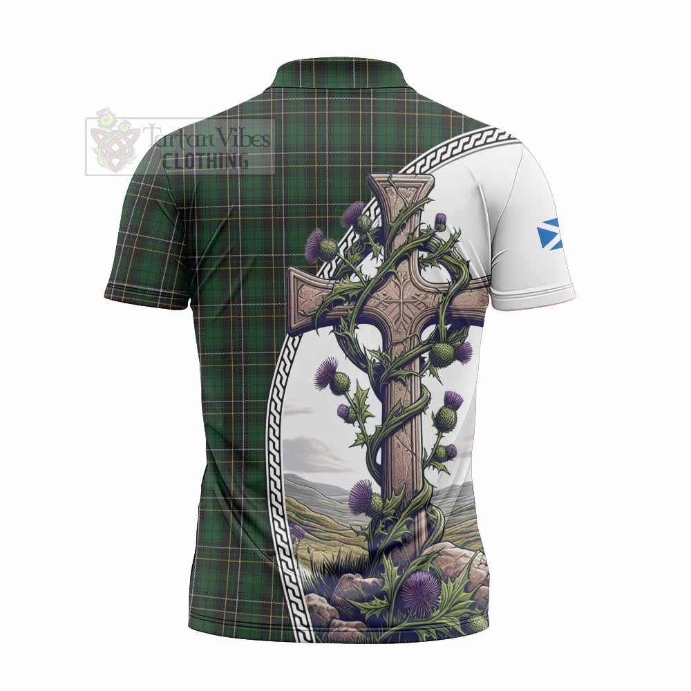 Tartan Vibes Clothing MacAlpine (MacAlpin) Tartan Zipper Polo Shirt with Family Crest and St. Andrew's Cross Accented by Thistle Vines