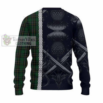 Tartan Vibes Clothing MacAlpine (MacAlpin) Tartan Knitted Sweater with Family Crest Cross Sword Thistle Celtic Vibes