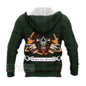 Tartan Vibes Clothing MacAlpine (MacAlpin) Tartan Knitted Hoodie with Family Crest and Bearded Skull Holding Bottles of Whiskey
