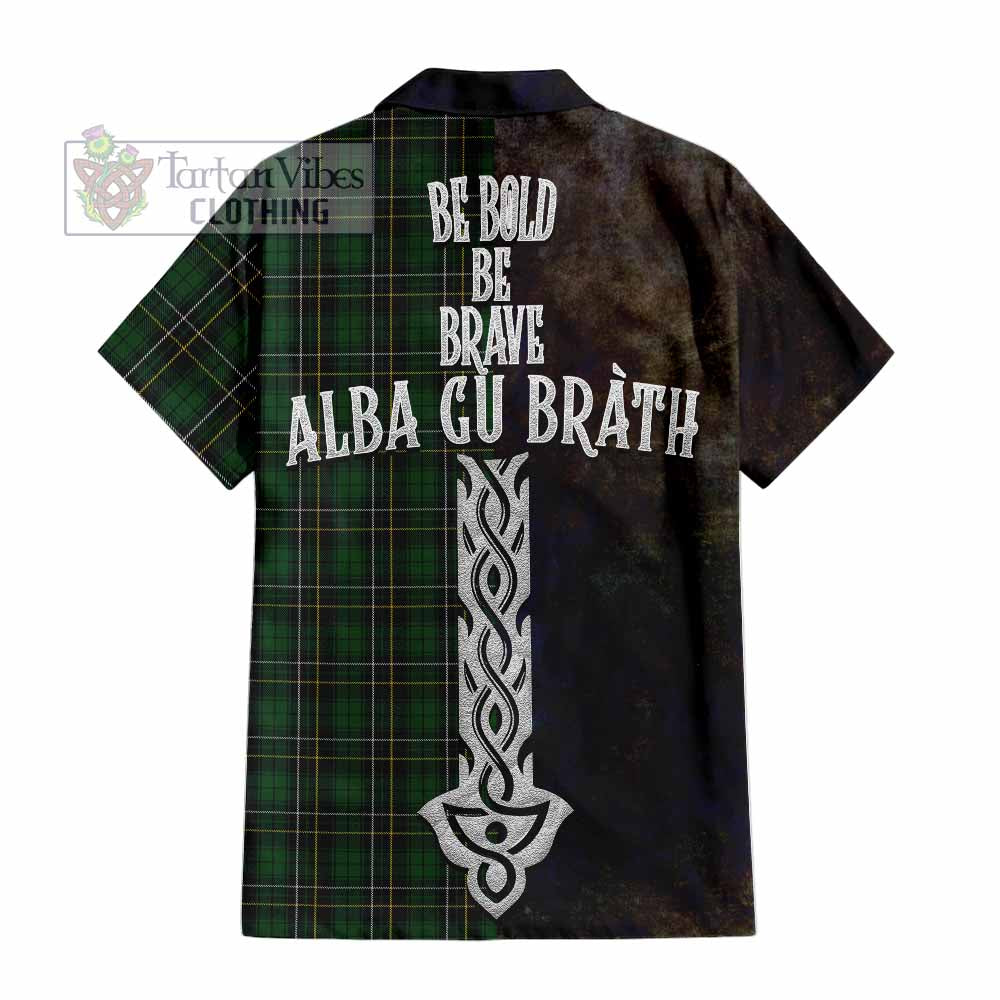 Tartan Vibes Clothing MacAlpine (MacAlpin) Tartan Family Crest Short Sleeve Button Shirt Alba Gu Brath Be Brave Lion Ancient Style